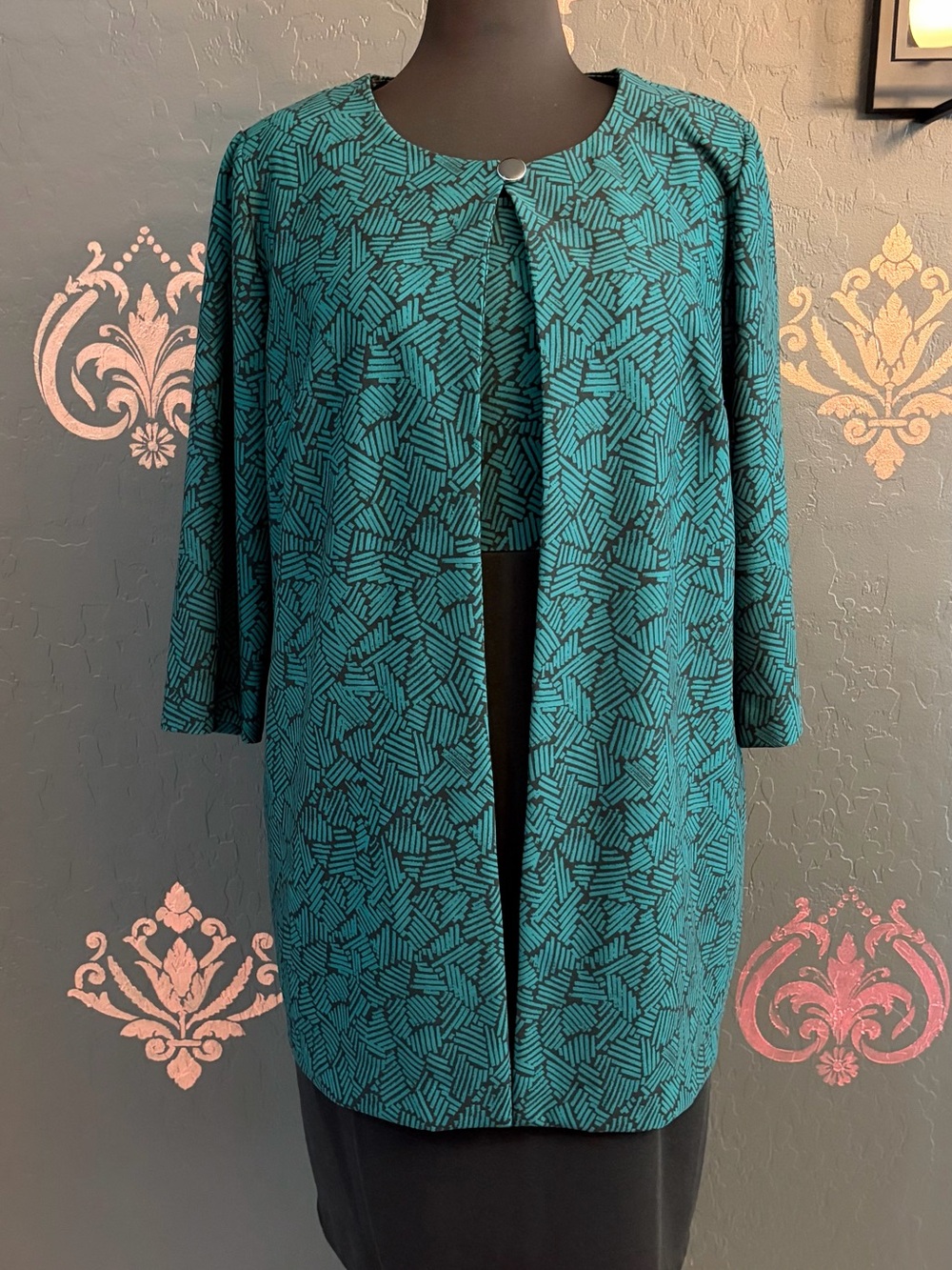 Danny & Nicole Green Patterned Open-Front Jacket Dress